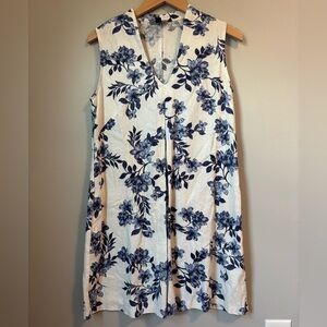 Connected Apparel Blue and White Floral Sleeveless Linen Dress